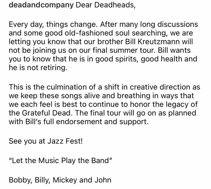 Bill Kreutzmann Pulls Out of Dead & Company Final Summer Tour