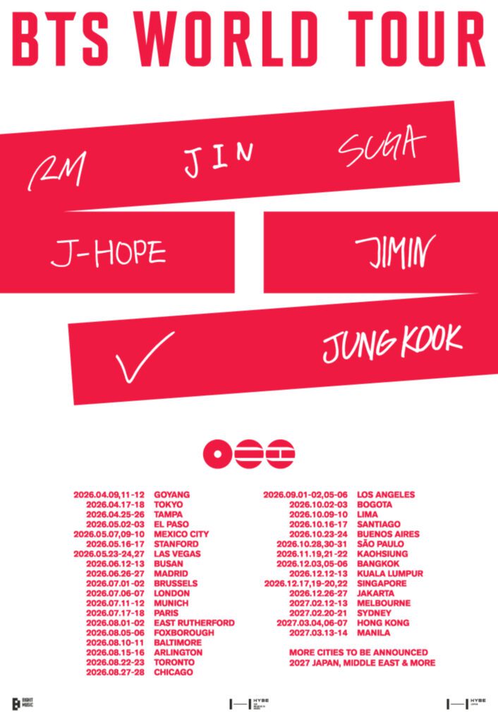 the poster for BTS' world tour in 2026/27, photo by BIGHIT MUSIC